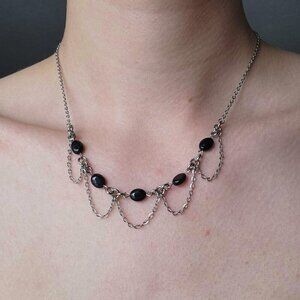 Gothic victorian black onyx chandelier necklace with small silver chain